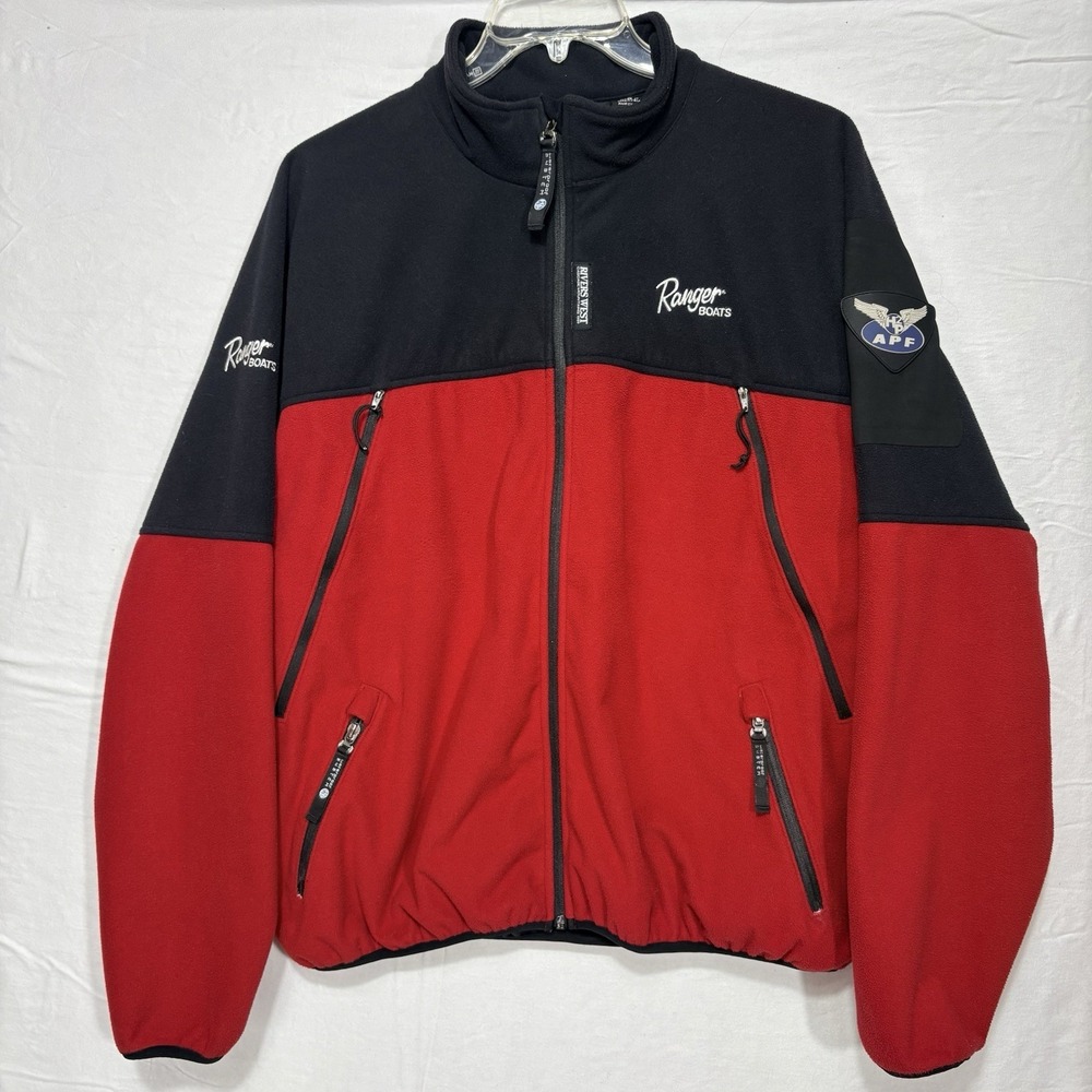 VTG Rivers West Ranger Boats Fleece Jacket Mens L Red Black Zip Fishing H2P/APF